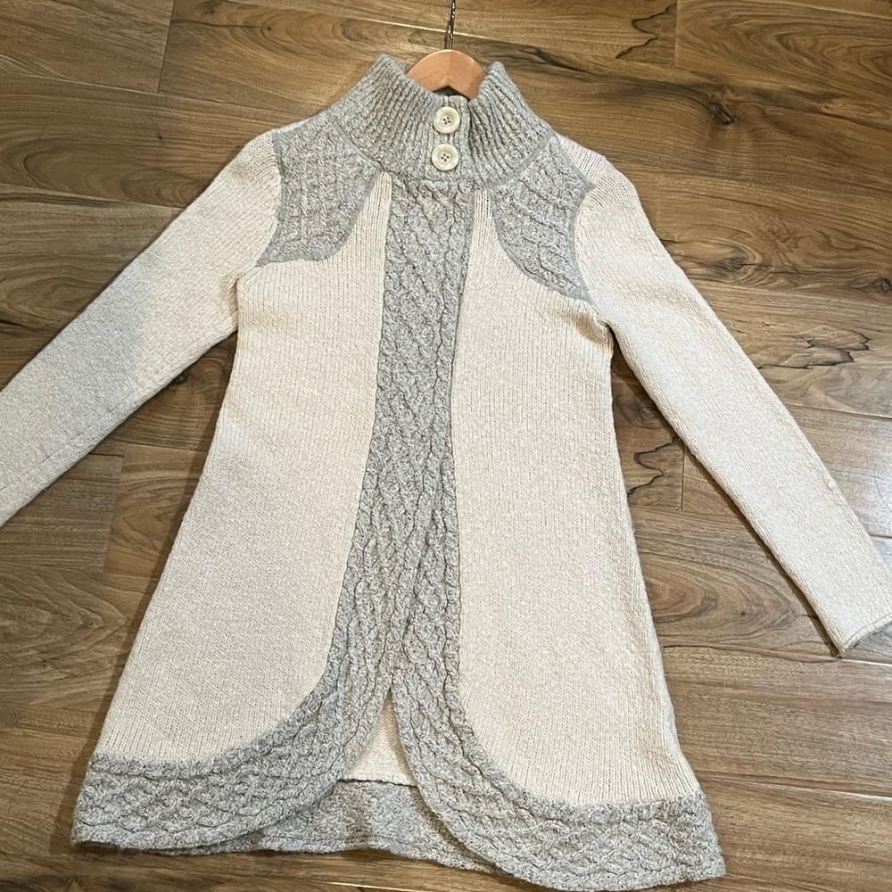 Prana Cream and Light Gray Cable Trim Long Cardigan